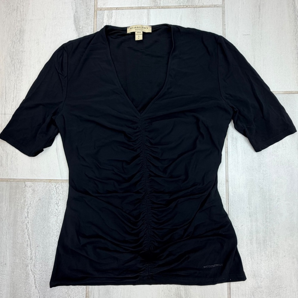 Burberry London Black Ruched V-Neck Short Sleeve Top Small BGORF KAR62ZAR-Z208